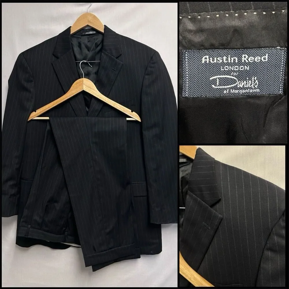 Austin Reed Black Pinstripe Suit Bespoke Mens 48 L Pants 38/32 Pleated Cuffed
